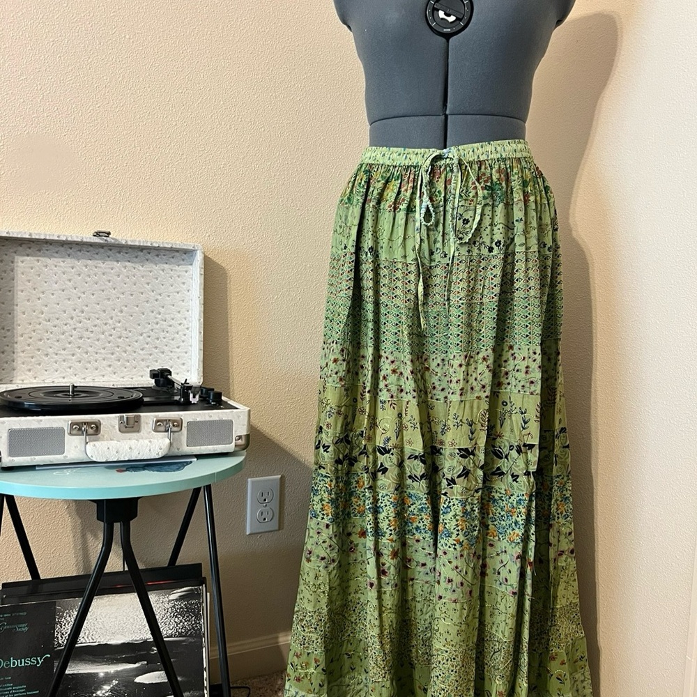 Blue Sky Green Maxi Skirt with Tie Front and Hidden Pocket